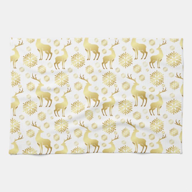Christmas Golden Snowflakes and Reindeers Tea Towel (Horizontal)