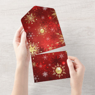 Christmas Golden Snowflakes on Red Background All In One Invitation