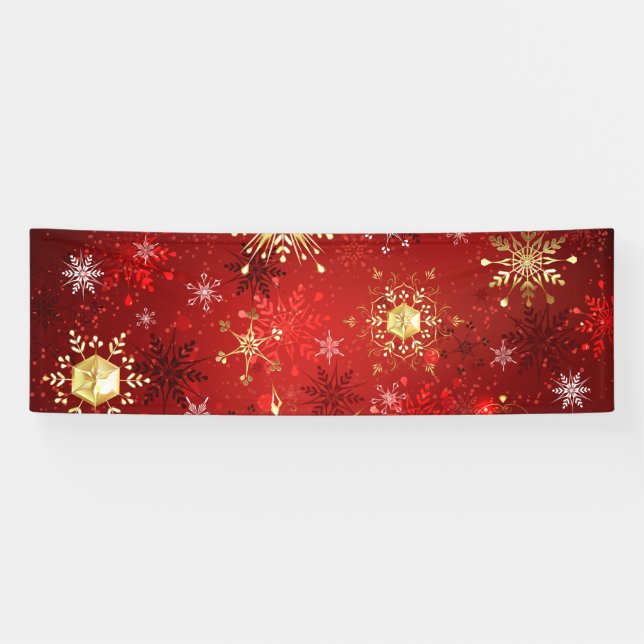 Christmas Golden Snowflakes on Red Background Banner (Horizontal)