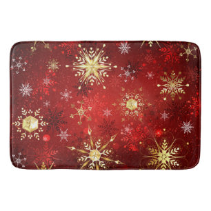 Christmas Golden Snowflakes on Red Background Bath Mat