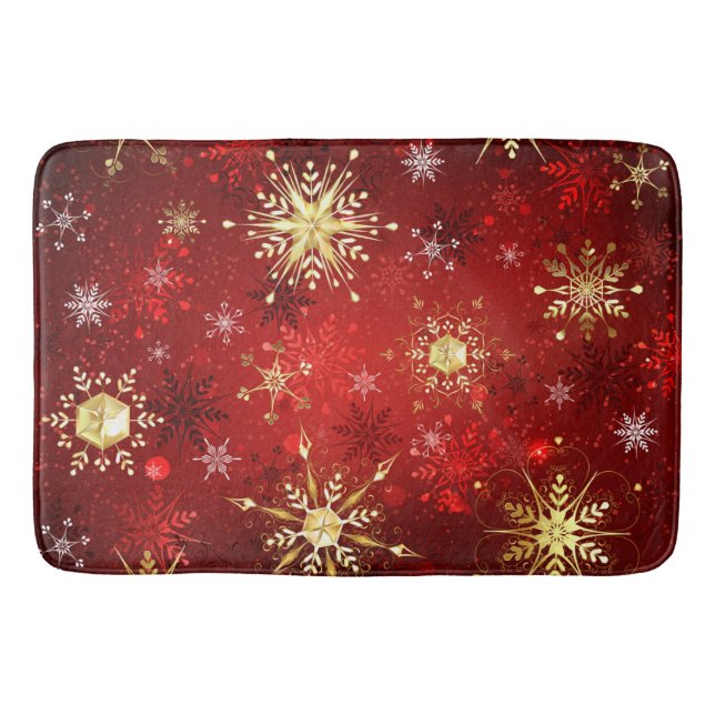 Christmas Golden Snowflakes on Red Background Bath Mat (Front)