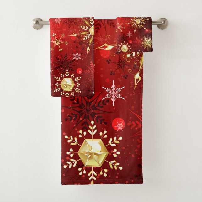 Christmas Golden Snowflakes on Red Background Bath Towel Set (Insitu)