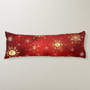 Christmas Golden Snowflakes on Red Background Body Cushion