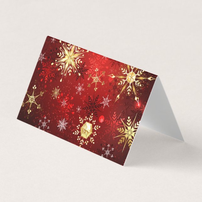 Christmas Golden Snowflakes on Red Background Business Card (Front)