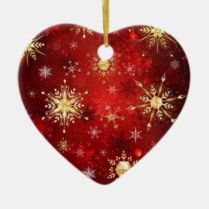 Christmas Golden Snowflakes on Red Background Ceramic Ornament