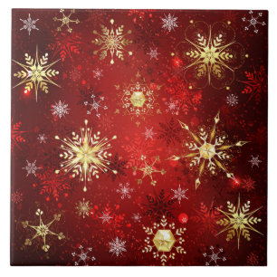 Christmas Golden Snowflakes on Red Background Ceramic Tile