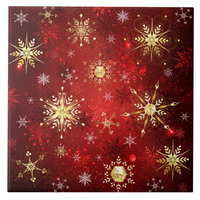 Christmas Golden Snowflakes on Red Background Ceramic Tile (Front)