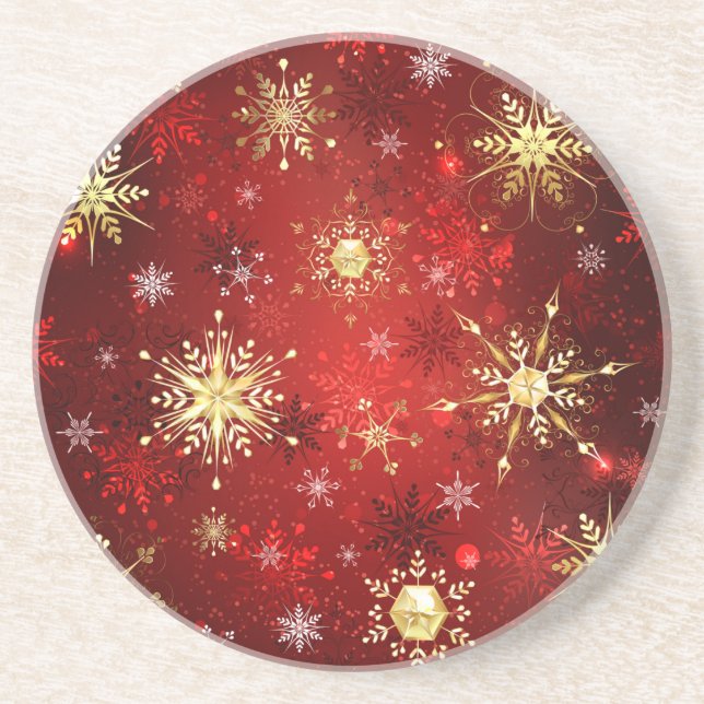 Christmas Golden Snowflakes on Red Background Coaster (Front)