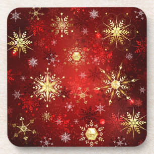 Christmas Golden Snowflakes on Red Background Coaster