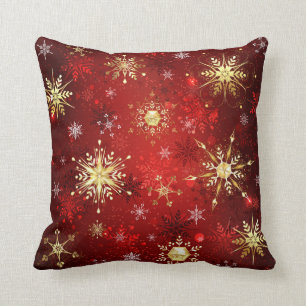 Christmas Golden Snowflakes on Red Background Cushion