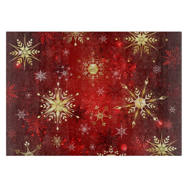 Christmas Golden Snowflakes on Red Background Cutting Board (Front)