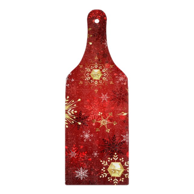 Christmas Golden Snowflakes on Red Background Cutting Board (Front)