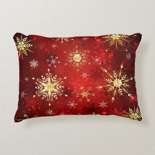 Christmas Golden Snowflakes on Red Background Decorative Cushion