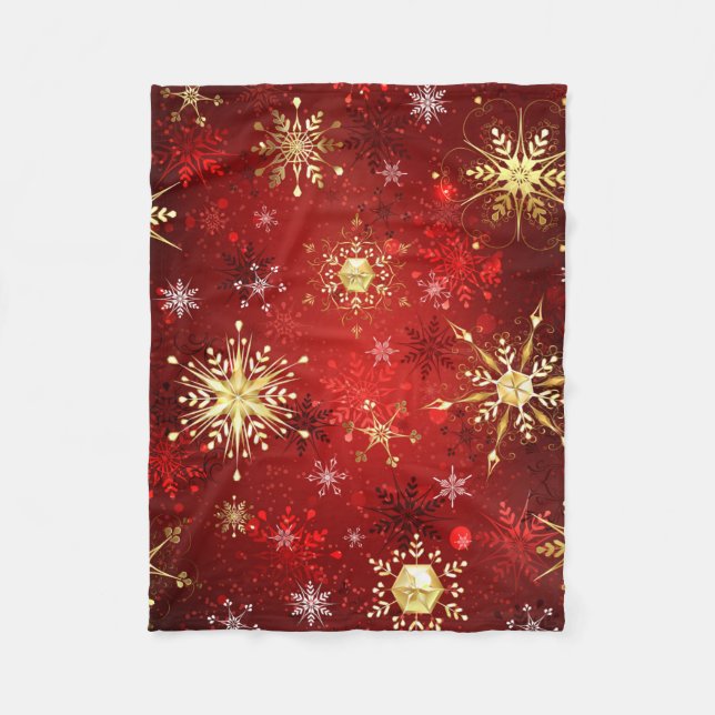 Christmas Golden Snowflakes on Red Background Fleece Blanket (Front)