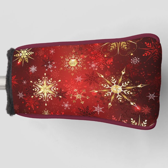Christmas Golden Snowflakes on Red Background Golf Head Cover (Front)