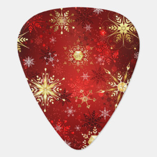 Christmas Golden Snowflakes on Red Background Guitar Pick