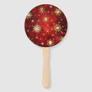 Christmas Golden Snowflakes on Red Background Hand Fan