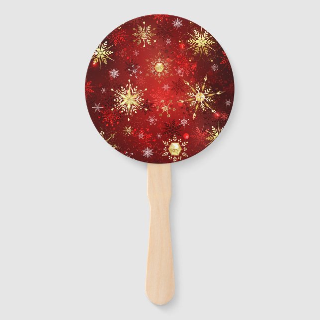 Christmas Golden Snowflakes on Red Background Hand Fan (Front)