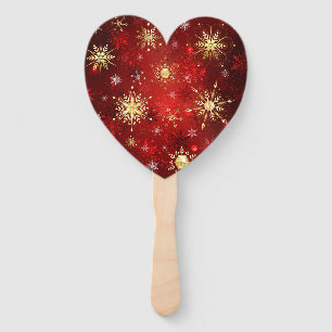 Christmas Golden Snowflakes on Red Background Hand Fan