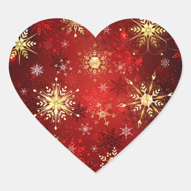 Christmas Golden Snowflakes on Red Background Heart Sticker (Front)