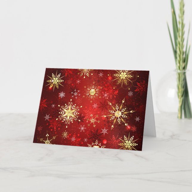 Christmas Golden Snowflakes on Red Background Holiday Card (Front)