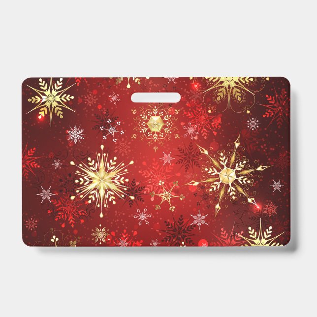 Christmas Golden Snowflakes on Red Background ID Badge (Front)