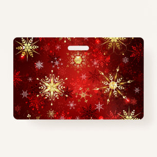 Christmas Golden Snowflakes on Red Background ID Badge
