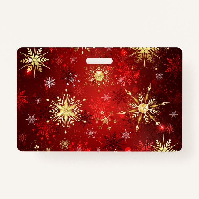 Christmas Golden Snowflakes on Red Background ID Badge (Front)