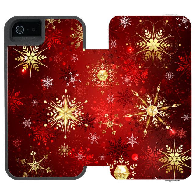Christmas Golden Snowflakes on Red Background Incipio iPhone Wallet Case (Folio Open)
