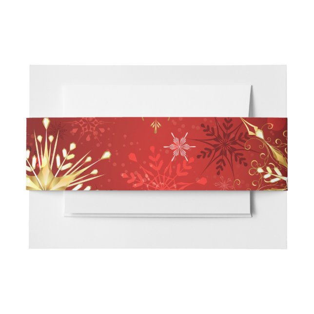 Christmas Golden Snowflakes on Red Background Invitation Belly Band (Front Example)