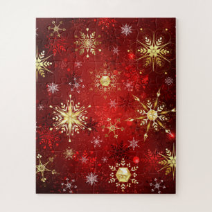 Christmas Golden Snowflakes on Red Background Jigsaw Puzzle