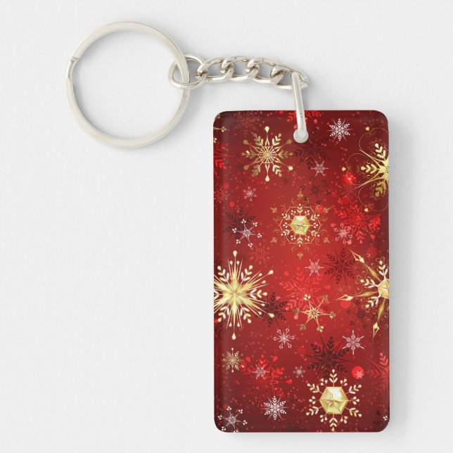 Christmas Golden Snowflakes on Red Background Key Ring (Front)