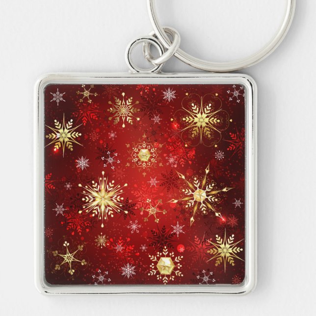 Christmas Golden Snowflakes on Red Background Key Ring (Front)