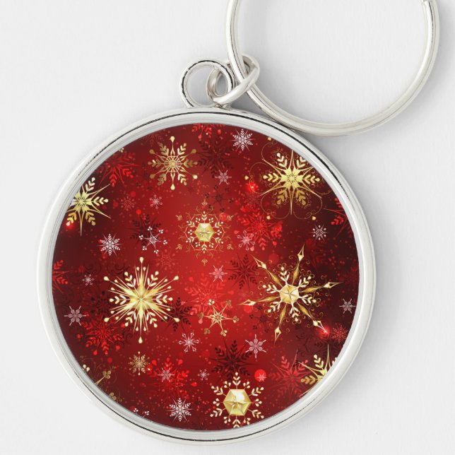 Christmas Golden Snowflakes on Red Background Key Ring (Front)
