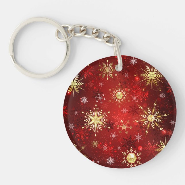 Christmas Golden Snowflakes on Red Background Key Ring (Front)