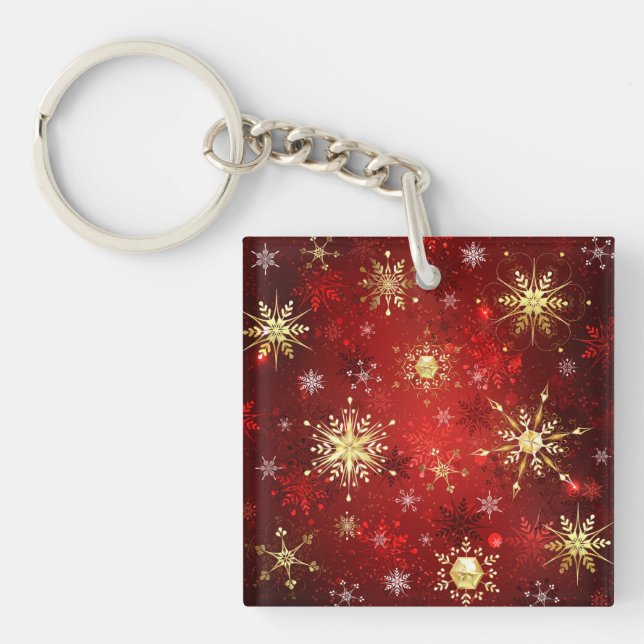 Christmas Golden Snowflakes on Red Background Key Ring (Front)