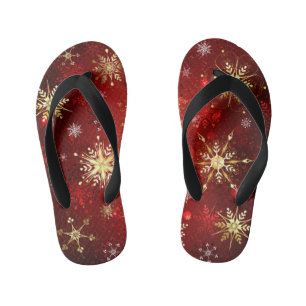 Christmas Golden Snowflakes on Red Background Kid's Thongs