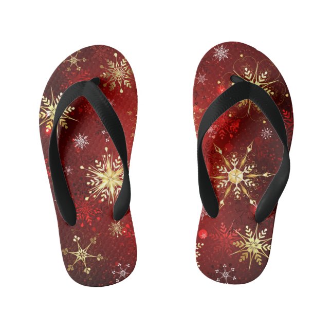 Christmas Golden Snowflakes on Red Background Kid's Thongs (Footbed)