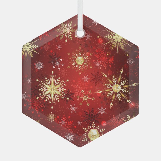 Christmas Golden Snowflakes on Red Background Labe Glass Tree Decoration (Front)