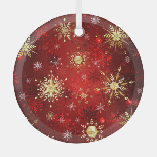 Christmas Golden Snowflakes on Red Background Labe Glass Tree Decoration