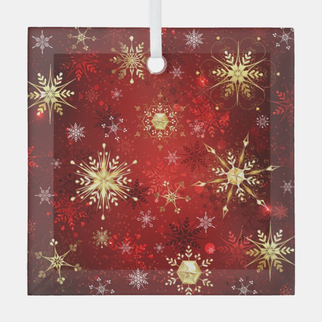 Christmas Golden Snowflakes on Red Background Labe Glass Tree Decoration (Front)