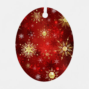 Christmas Golden Snowflakes on Red Background Labe Metal Tree Decoration