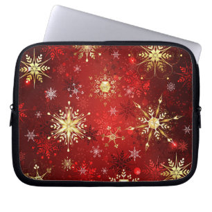 Christmas Golden Snowflakes on Red Background Laptop Sleeve