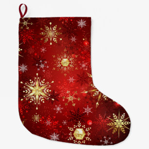 Christmas Golden Snowflakes on Red Background Large Christmas Stocking