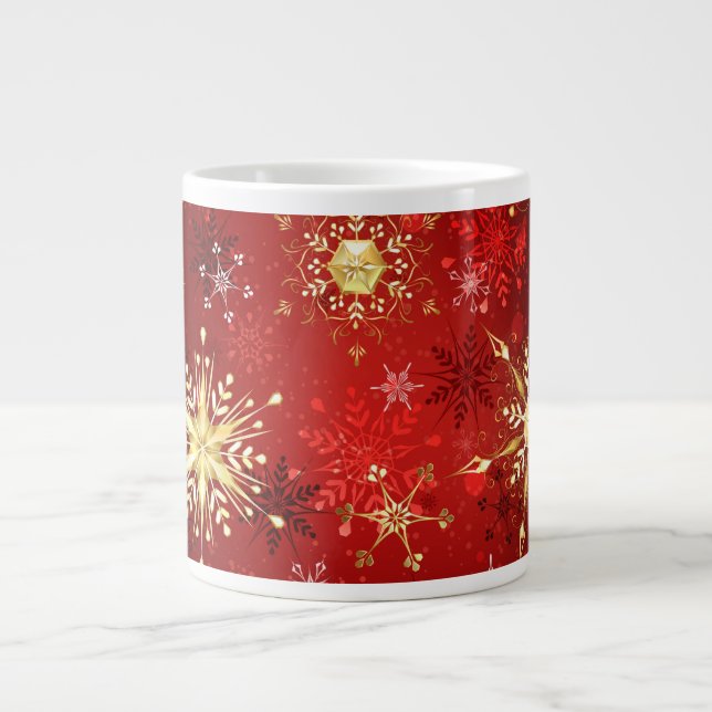 Christmas Golden Snowflakes on Red Background Large Coffee Mug (Front)