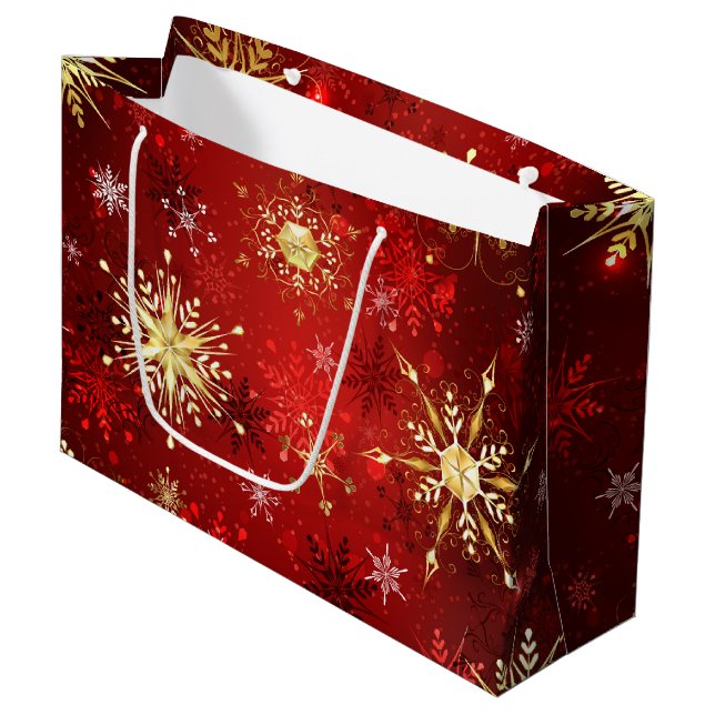 Christmas Golden Snowflakes on Red Background Large Gift Bag (Front Angled)