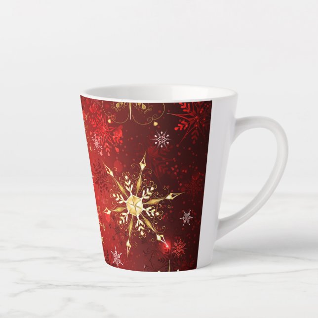 Christmas Golden Snowflakes on Red Background Latte Mug (Right)