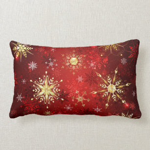 Christmas Golden Snowflakes on Red Background Lumbar Cushion