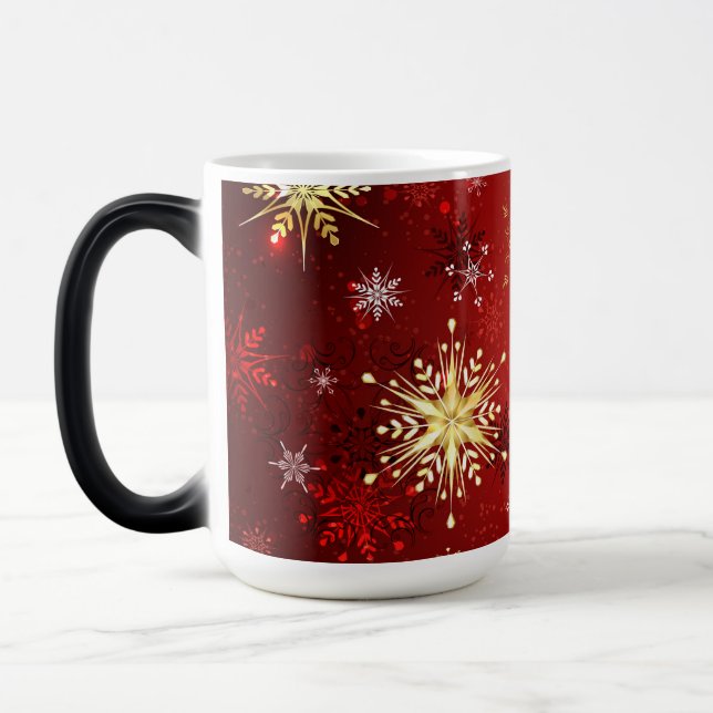 Christmas Golden Snowflakes on Red Background Magic Mug (Left)