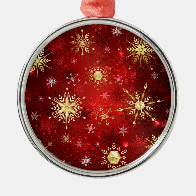 Christmas Golden Snowflakes on Red Background Metal Ornament (Front)